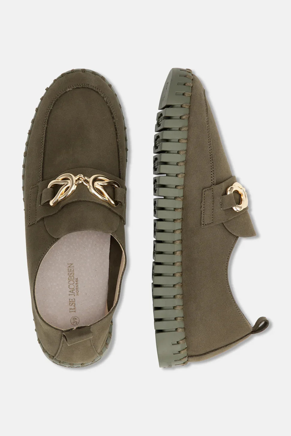 Ilse Jacobsen olive green slip-on shoes with gold detail, perfect for trendy coastal fashion in Port Aransas.