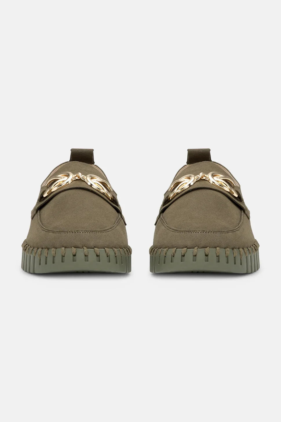 Stylish olive green shoes with decorative gold accents, perfect for coastal fashion at Raggdoll Boutique in Port Aransas.