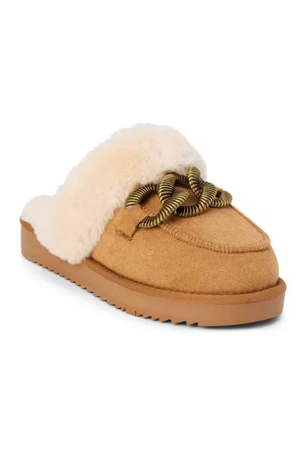 TAOS SLIDE SHOE by MATISSE (Chestnut) with faux fur, chain detail, perfect for trendy coastal style.