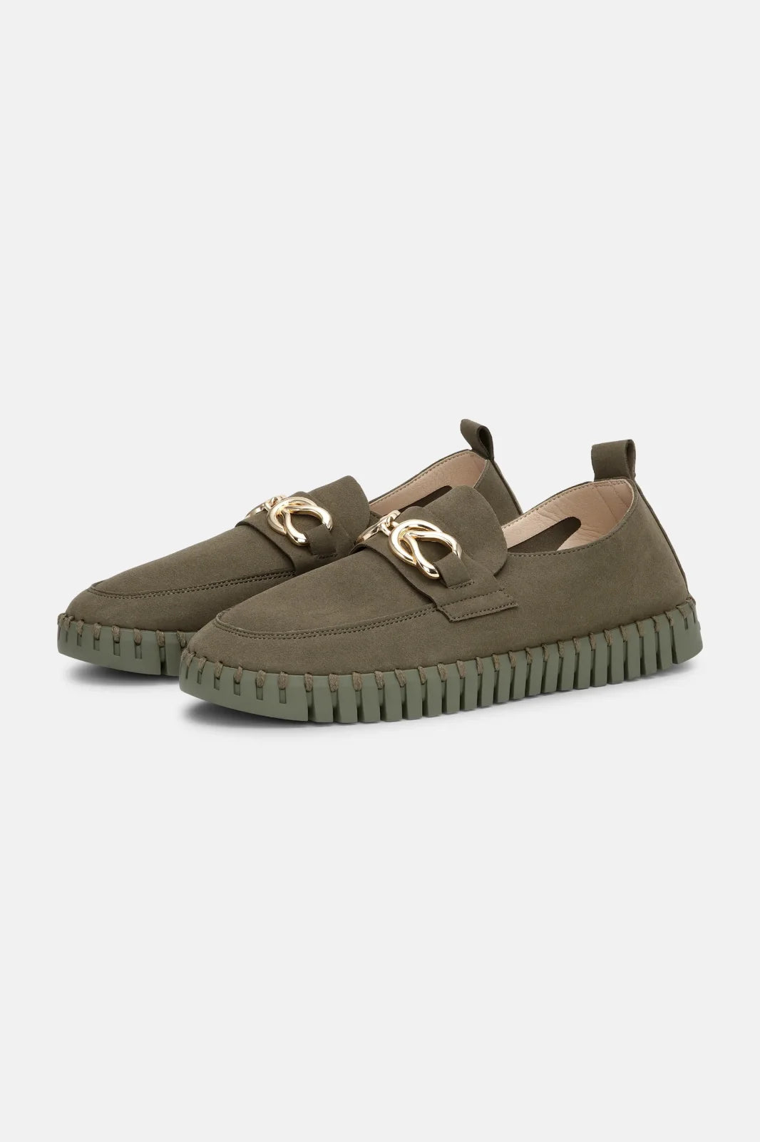Stylish olive-green boutique shoes with unique gold accents, perfect for trendy coastal outfits from Raggdoll Boutique.