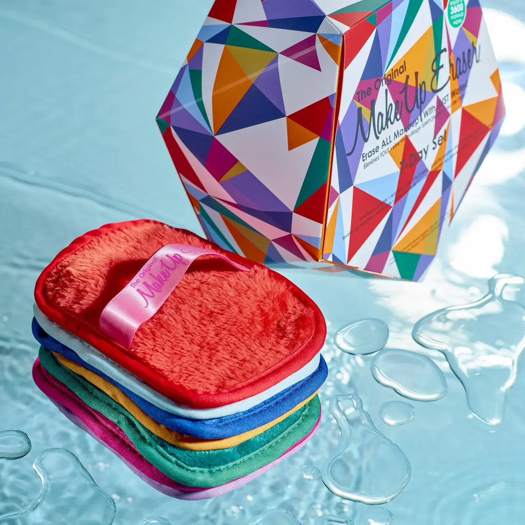Geometric 7-day set of makeup erasers in a colorful box, perfect for eco-friendly beauty routines.