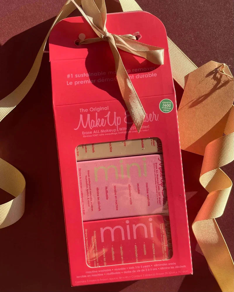 THE LOVE ERA 3-pc MINI PRO GIFT SET (MAKEUP ERASER) in a vibrant pink box with ribbons, perfect for gifting.