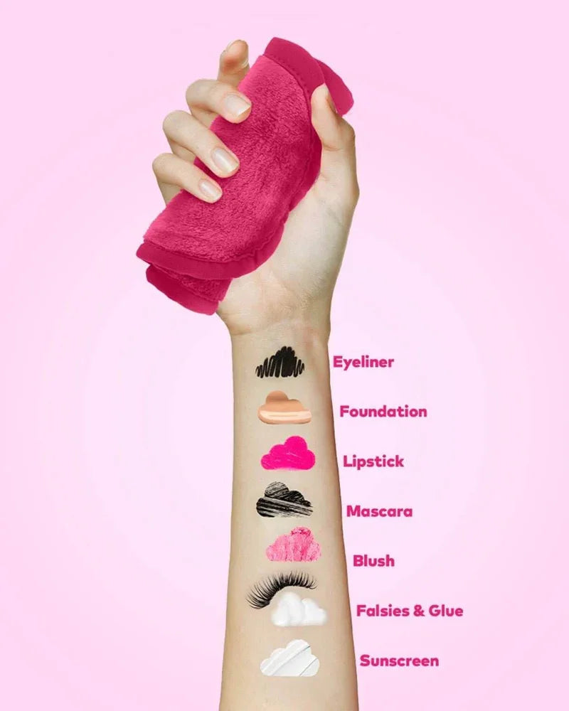 THE LOVE ERA 3-pc MINI PRO GIFT SET (MAKEUP ERASER) demonstrating makeup removal with a pink cloth.