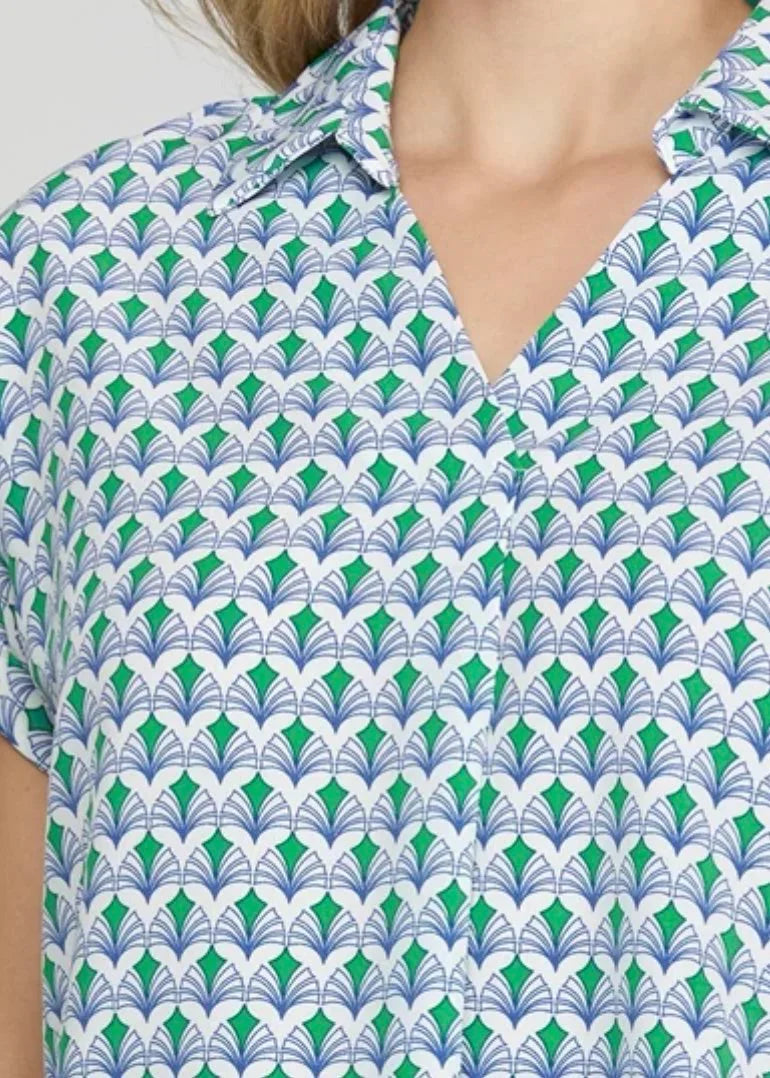 Stylish green and blue top with a relaxed fit, perfect for coastal boutique clothing and versatile summer outfits.