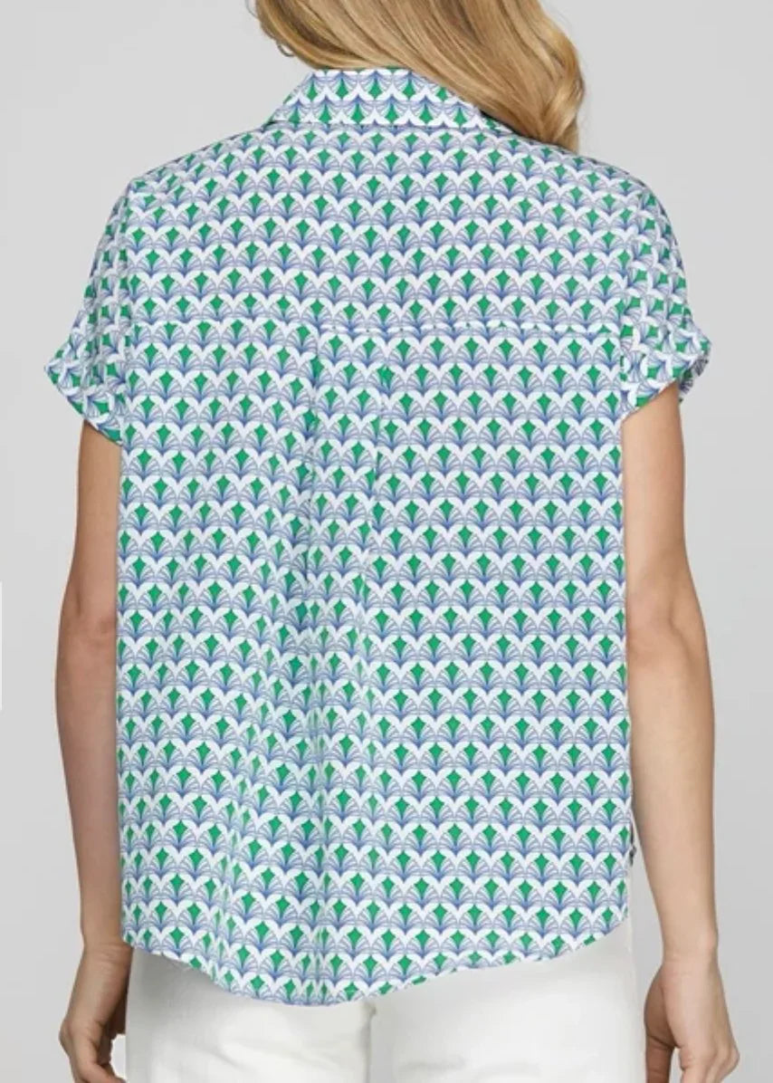 Back view of a relaxed green and blue top, perfect for coastal boutique clothing and versatile women's fashion.