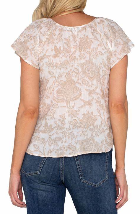 LIVERPOOL FLUTTER SLEEVE WOVEN TOP (TAN FLORAL) back view showcasing trendy floral pattern for summer outfits Texas.