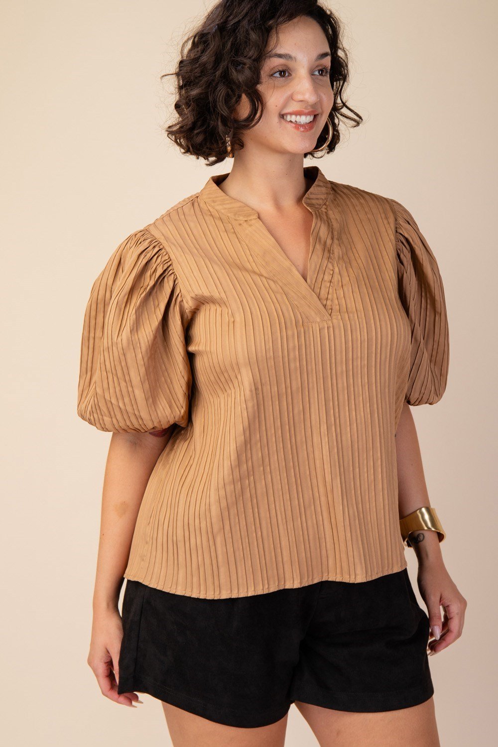 Curvy plus size fashion: Plus taupe V-neck textured satin top perfect for coastal boutique clothing and beach dresses.