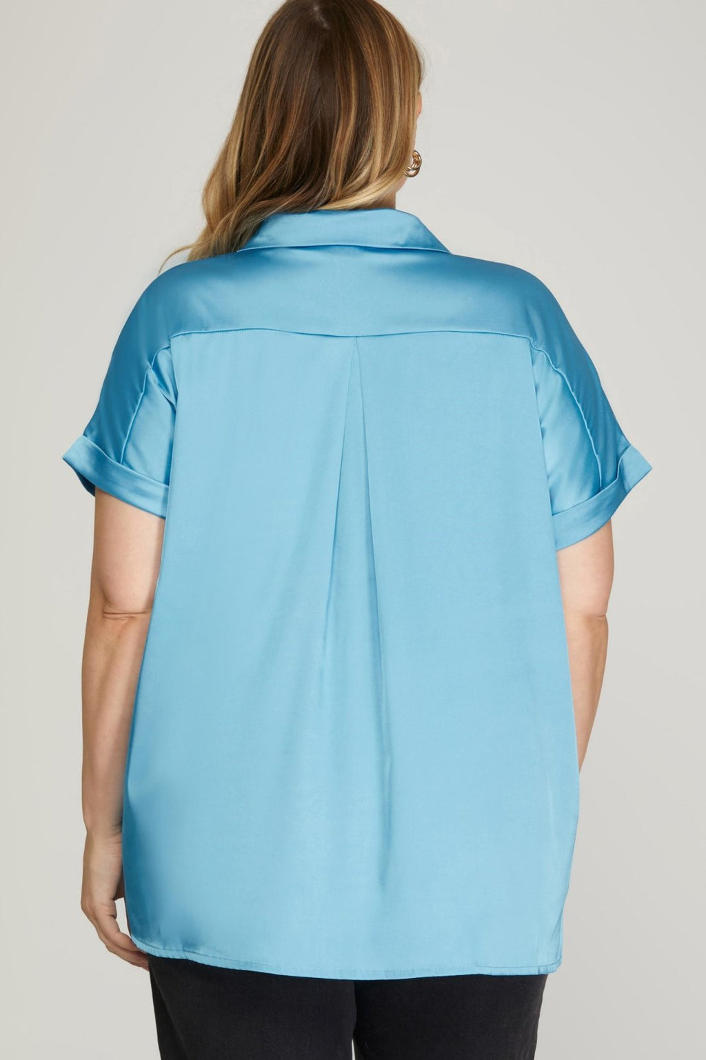 PLUS DIVA BLUE TOP shown from the back, a stylish choice for women's clothing at Raggdoll Boutique.