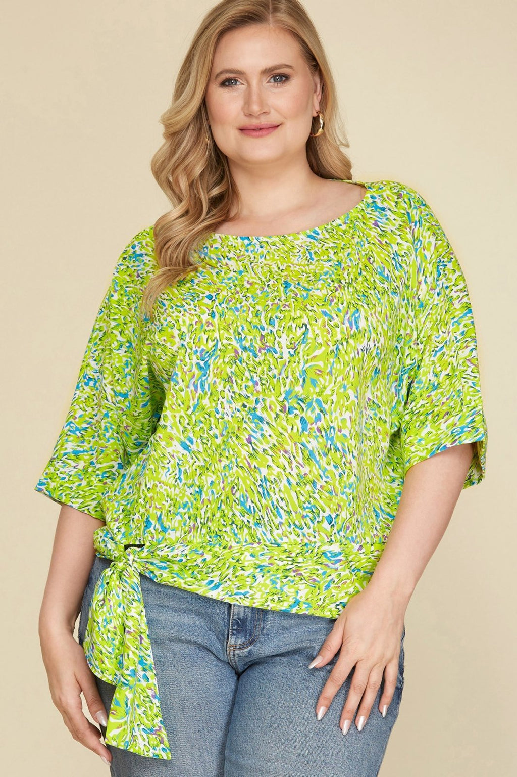 Plus Jenny Top in vibrant green print, a stylish addition from a Port Aransas boutique, perfect for curvy plus size fashion.