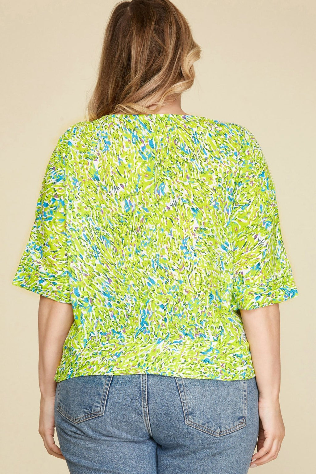 Curvy Plus Size Plus Jenny Top in vibrant green print, ideal for coastal boutique clothing and beach dresses.
