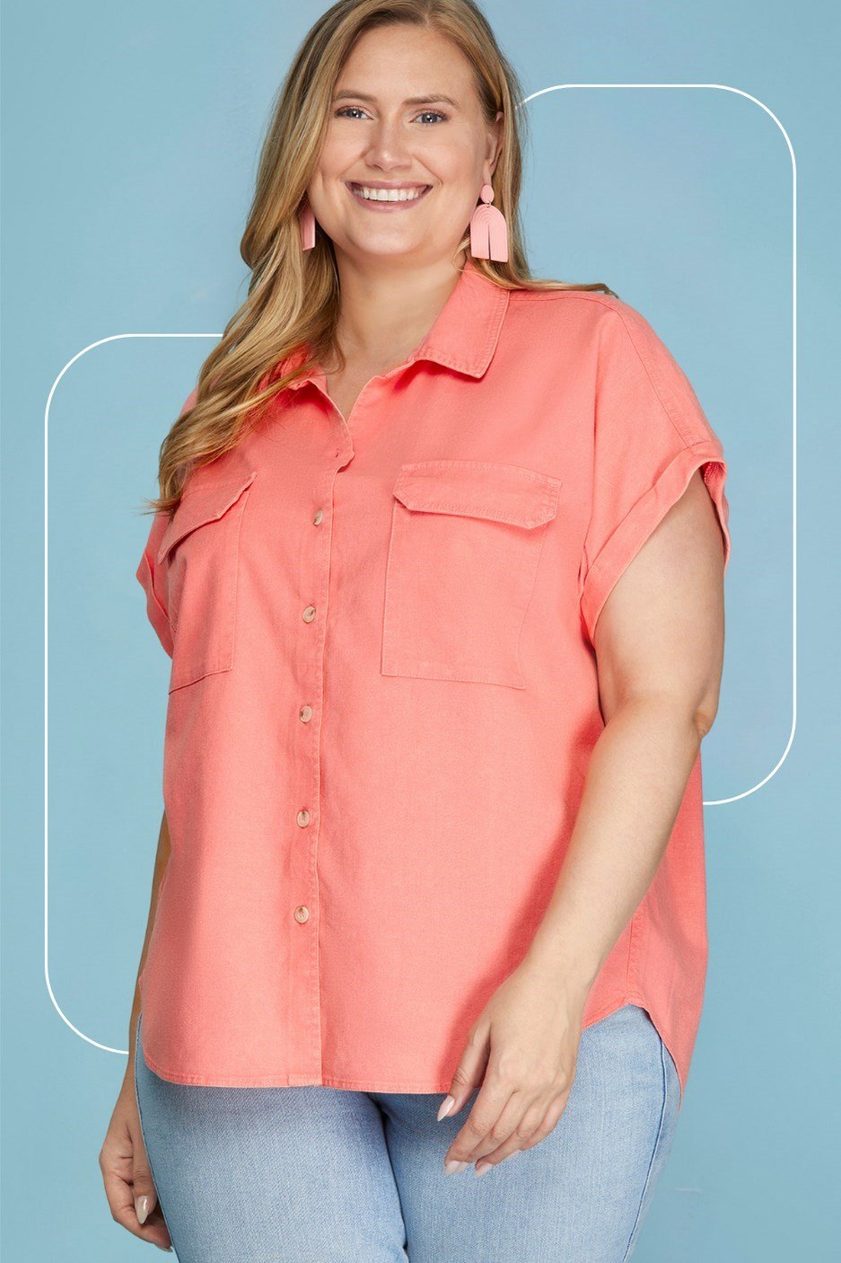 Plus Coral Button-up Top from Raggdoll Boutique, perfect for summer outfits in Port Aransas boutique style.