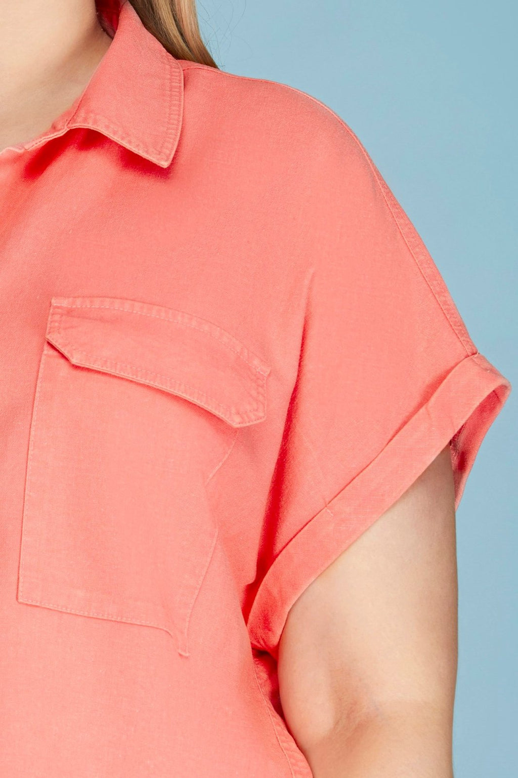 Plus Coral Button-up Top featuring a stylish pocket, perfect for summer outfits from Raggdoll Boutique.