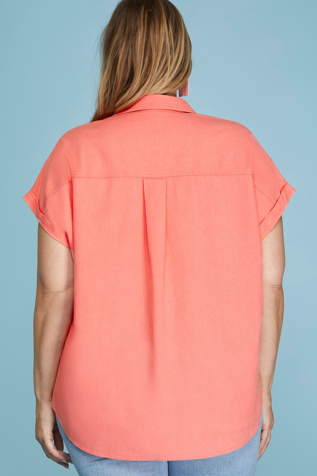 Plus Coral Button-up Top from Raggdoll Boutique, showcasing a trendy back design perfect for summer outfits Texas.