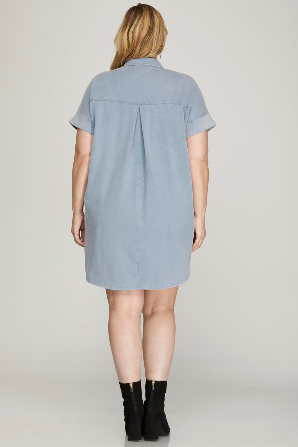 Plus dusty blue dress for curvy women, perfect for coastal boutique clothing and beach vacations from Port Aransas boutique.