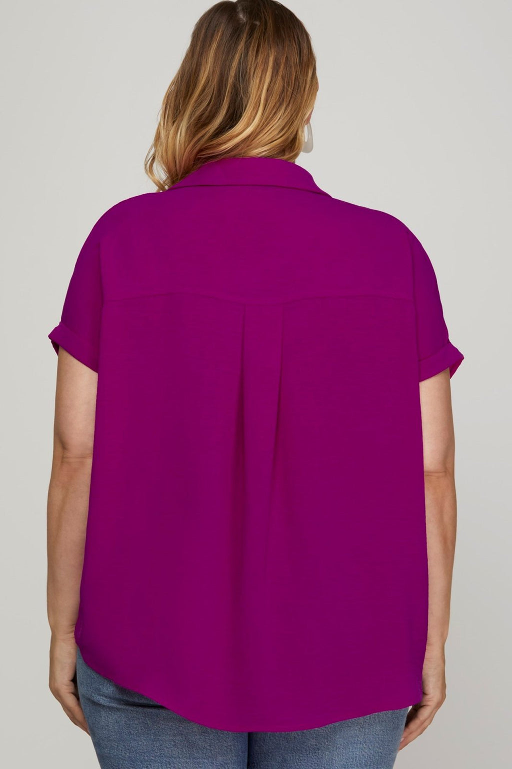 Magenta plus size collared woven top from Port Aransas boutique, perfect for curvy women's fashion and tropical vacations.