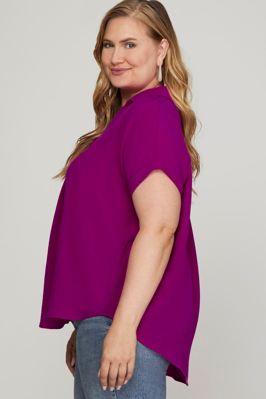 Magenta Plus Size Collared Woven Top for women, perfect for coastal boutique clothing and curvy plus size fashion.
