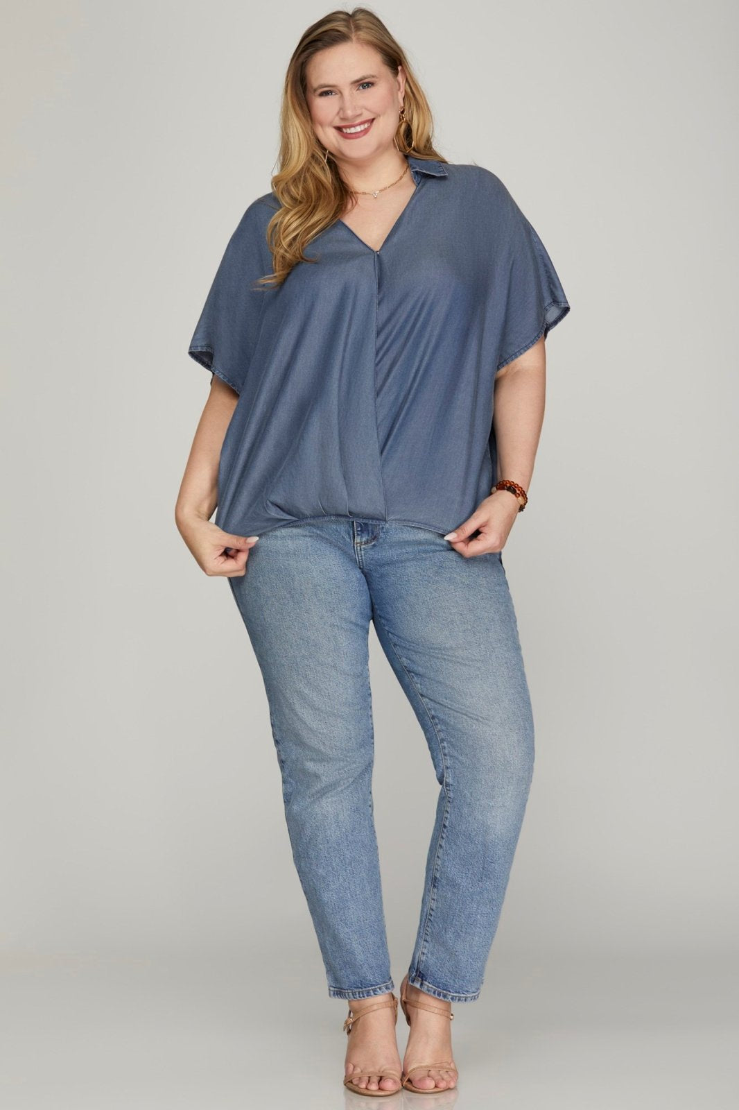 Washed Denim Plus Top in relaxed fit, perfect for coastal boutique clothing and curvy plus size fashion.