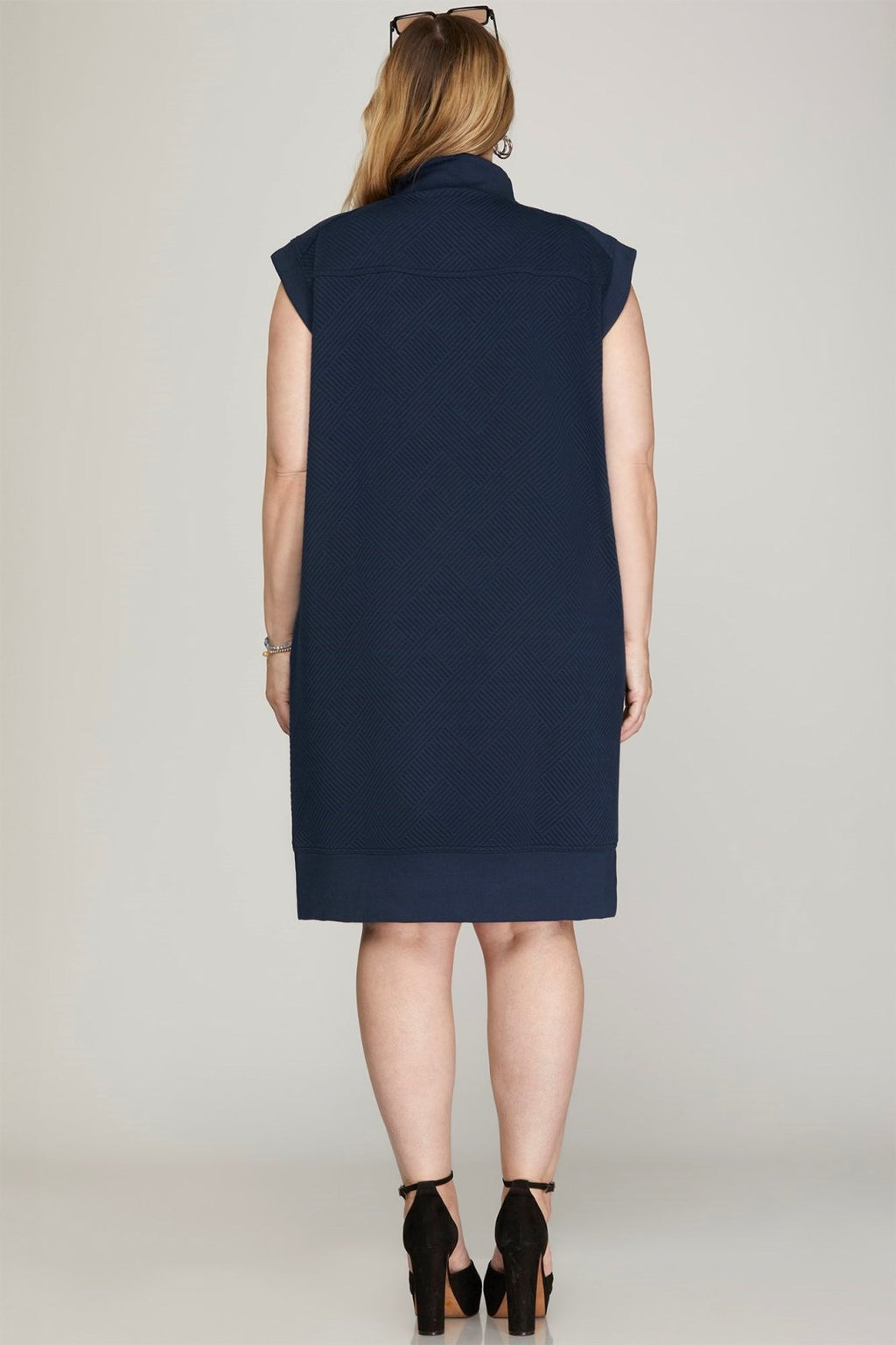 Plus Navy Textured Dress with Zipper available at Raggdoll Boutique, a Port Aransas boutique for trendy coastal fashion.