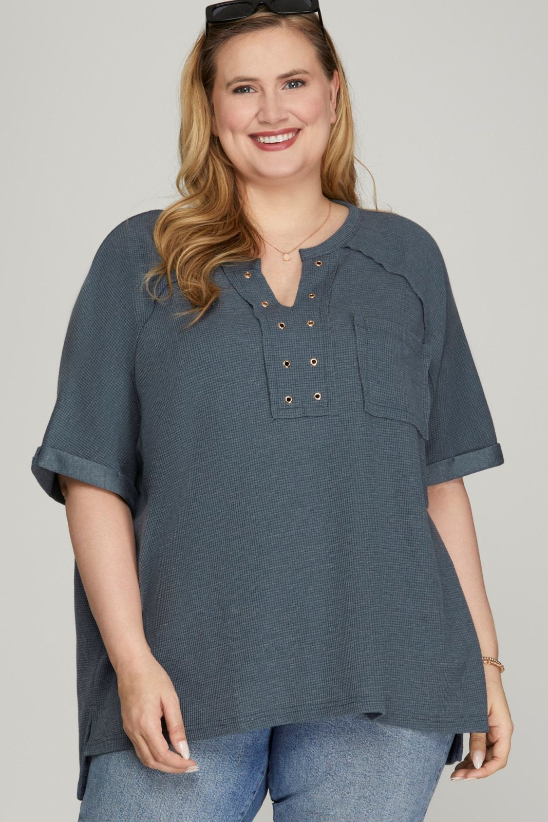 Stylish Plus Dusty Navy Top for curvy fashion, perfect for beach days and casual outings. Available at Port Aransas boutique.