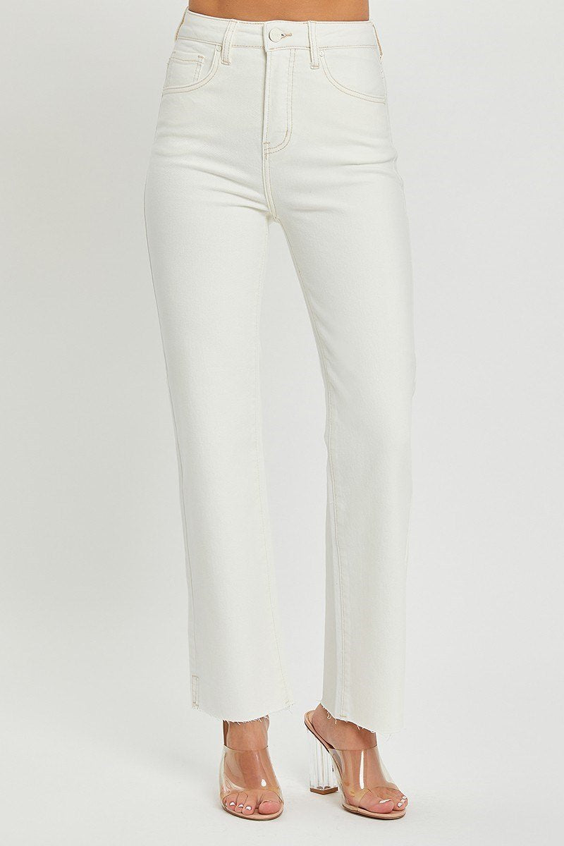 Risen Cream Jeans for curvy plus size fashion; stylish high-rise white denim; versatile women's bottoms for casual or night outings.