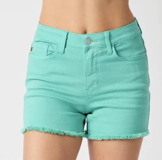 JUDY BLUE FRAYED HEM SHORT-AQUAMARINE featuring a trendy frayed hem style, ideal for summer outfits Texas.