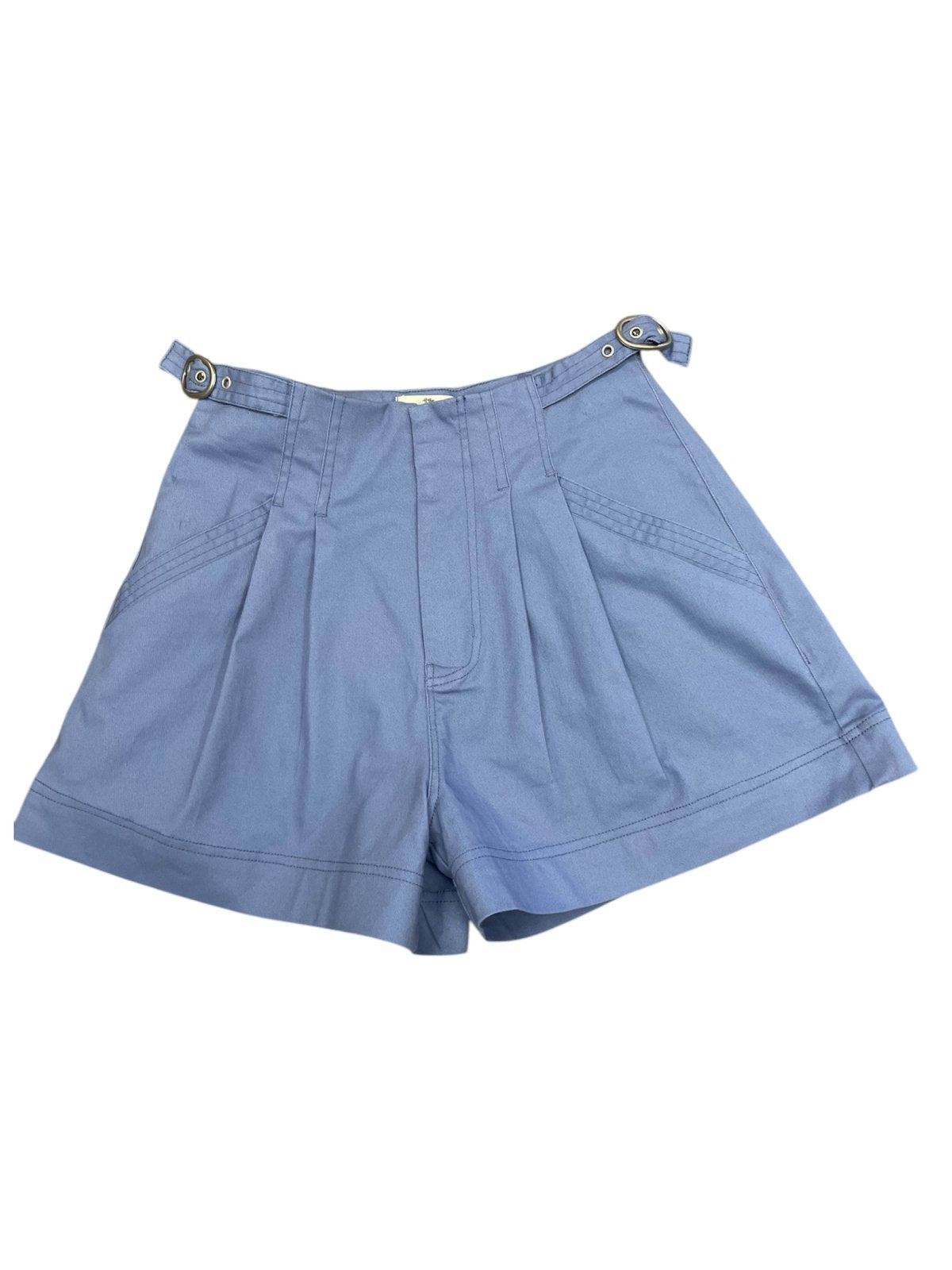Medium blue shorts with waist detail, perfect for coastal boutique clothing and stylish women's bottoms.