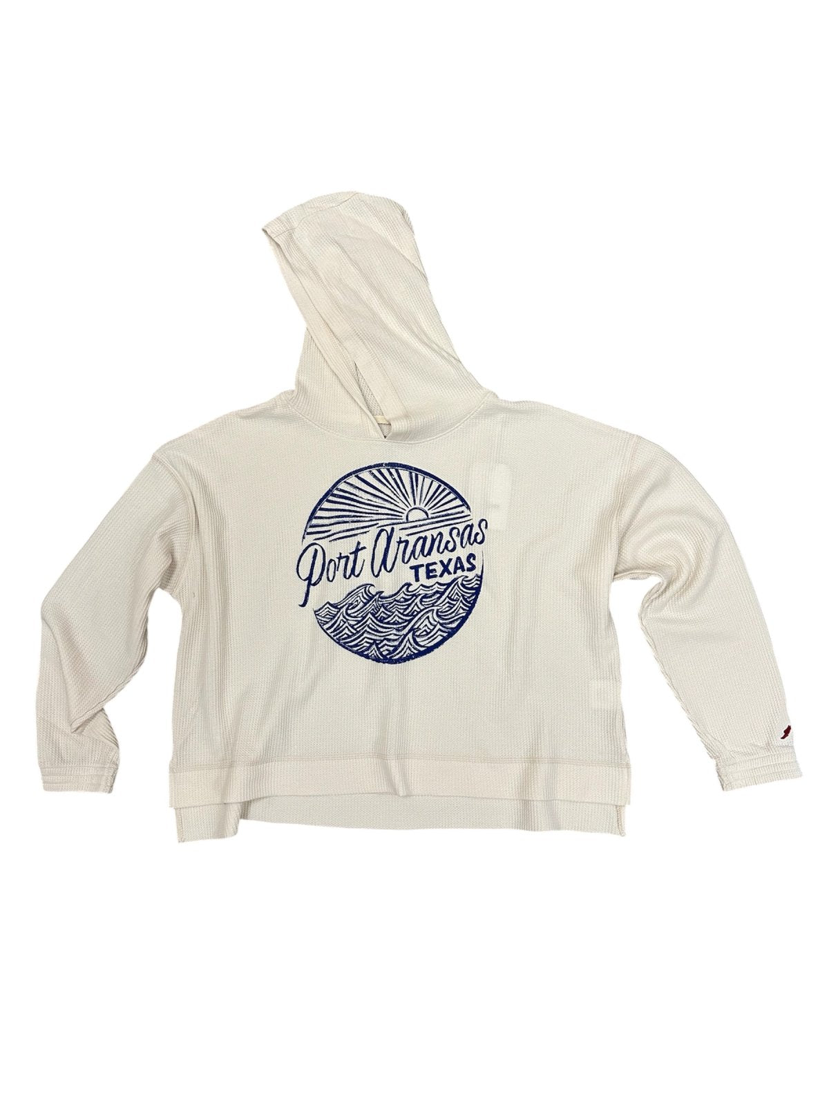 Port Aransas waffle knit hoodie with blue graphic, perfect for coastal boutique clothing and tropical vacations.
