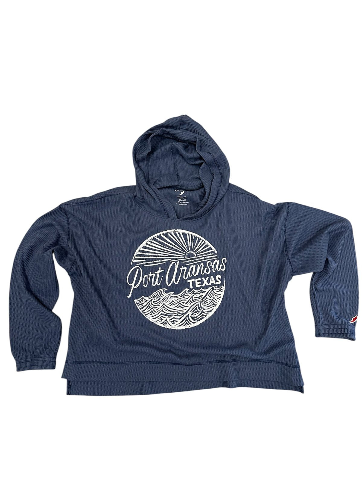 L2 Heather Navy Waffle Port A Hoodie with Cream Graphic, perfect for coastal boutique clothing and curvy plus size fashion.