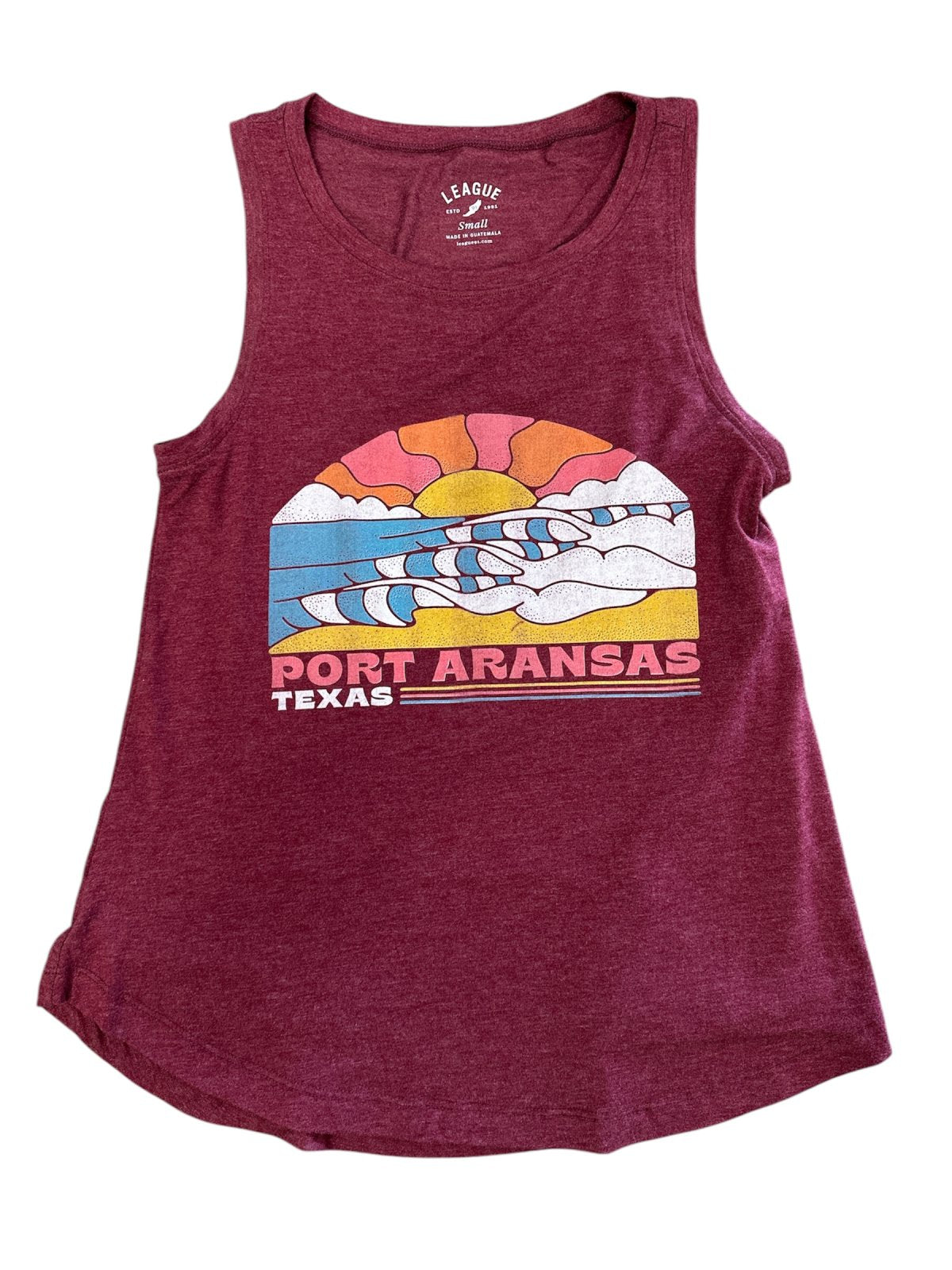 Maroon tank top featuring a colorful Port Aransas graphic, perfect for coastal boutique clothing and stylish summer beachwear.