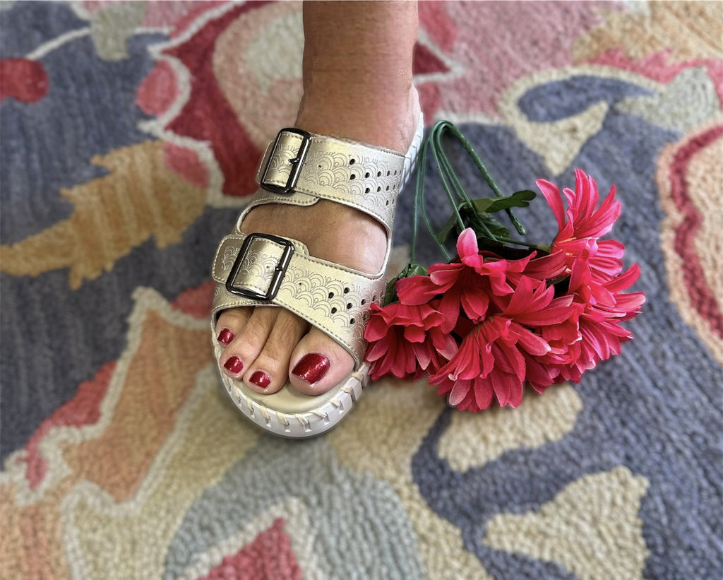 PLATIN SANDALS DOUBLE STRAP W/BUCKLES by ILSE JACOBSEN, stylish summer footwear with floral accent in Raggdoll Boutique.