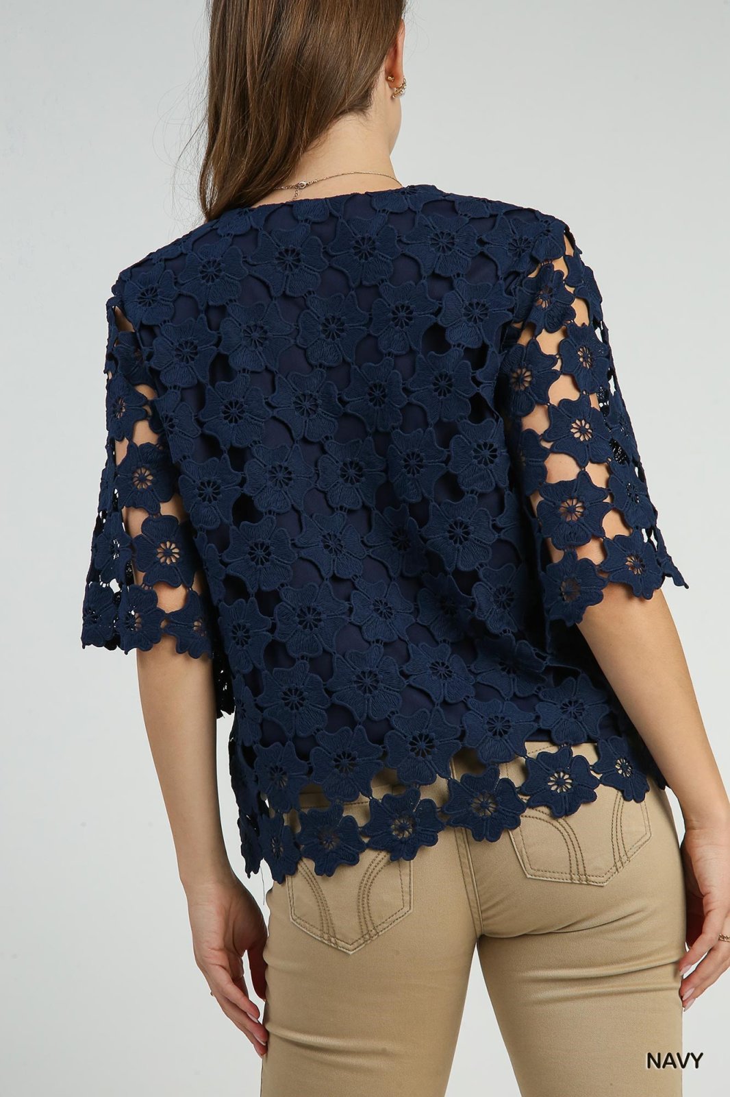 Scalloped Navy Floral Lace Top showcasing floral lace design and trendy style, perfect for summer outfits Texas by Raggdoll Boutique.