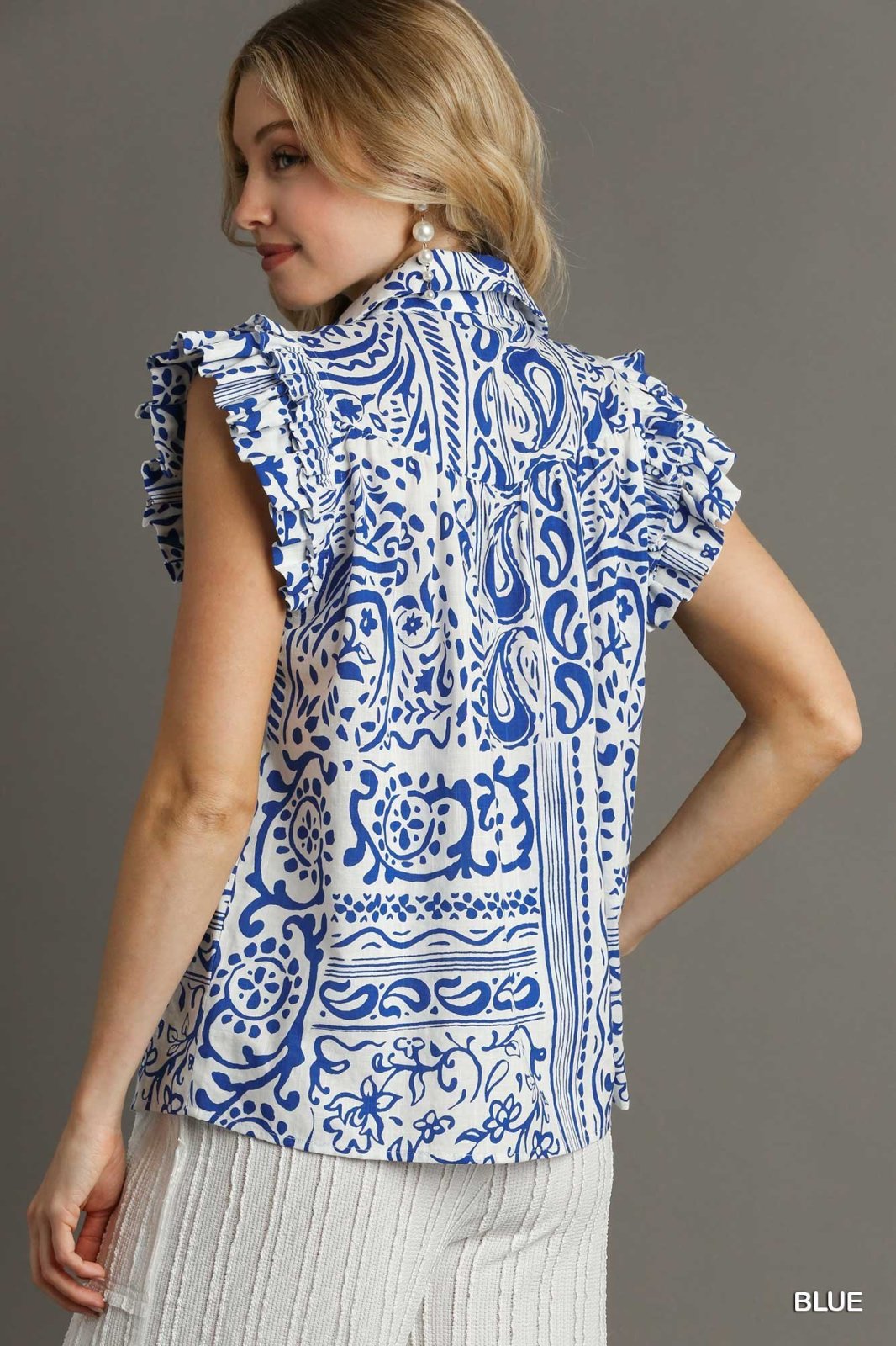 Royal and White Button Down Top from Raggdoll Boutique, perfect for coastal fashion and summer outfits Texas.