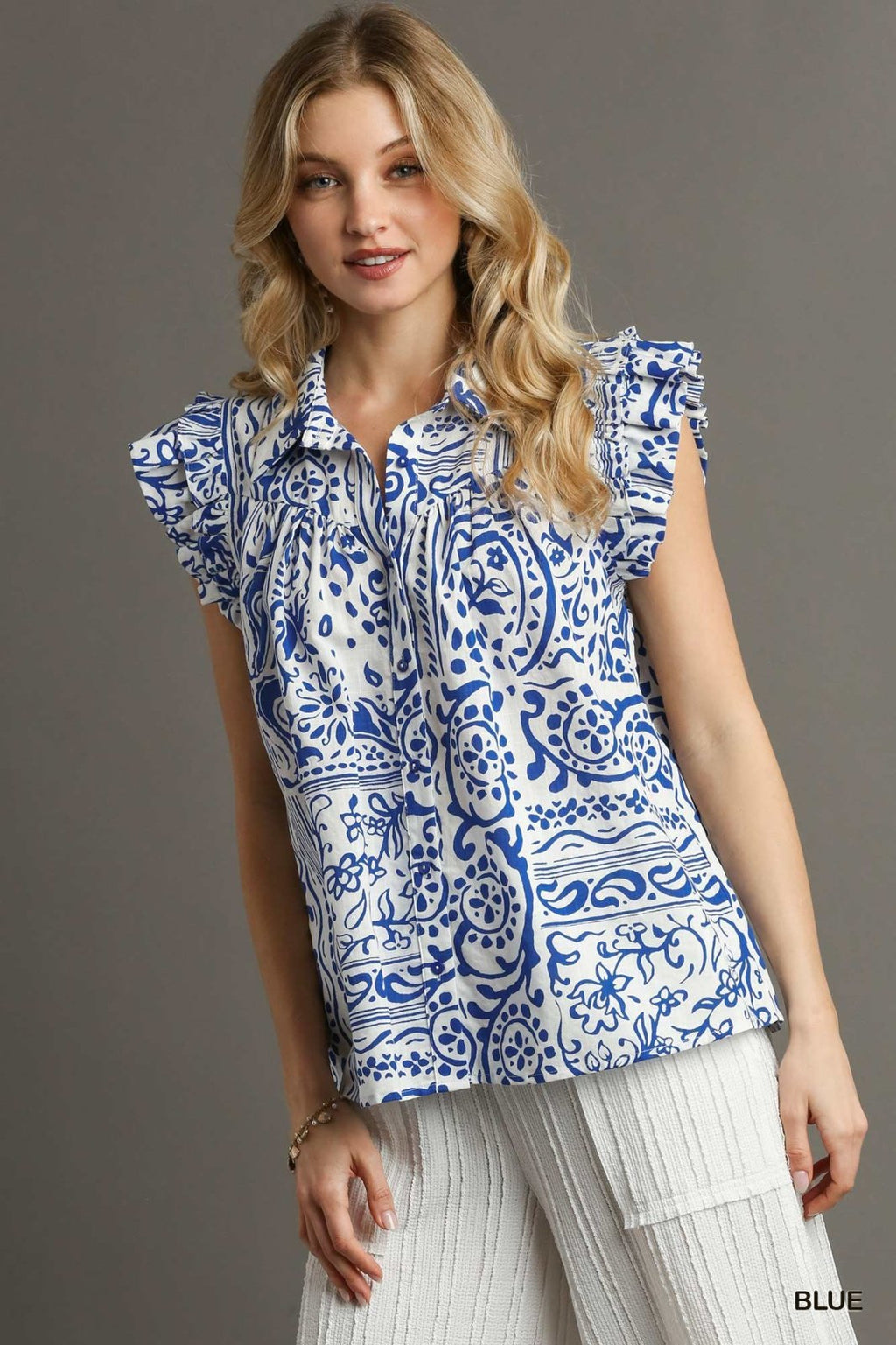 Royal and White Button Down Top from Raggdoll Boutique, perfect for summer outfits Texas and trendy coastal style.