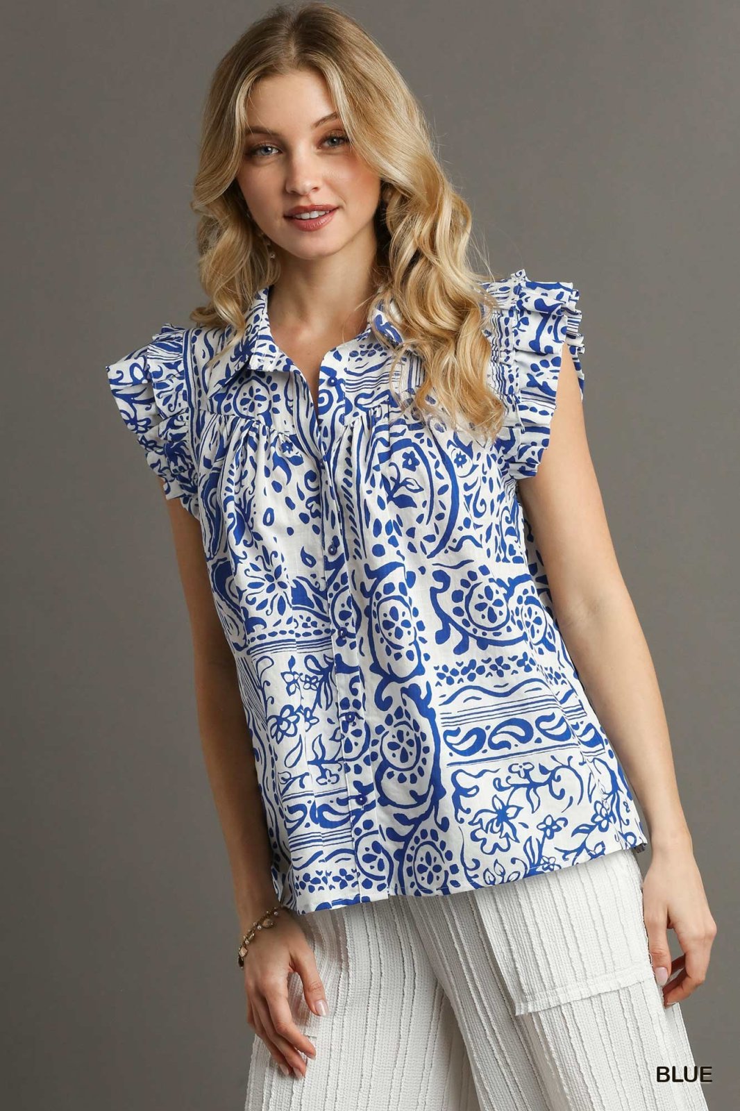 Royal and White Button Down Top from Raggdoll Boutique, perfect for summer outfits Texas and trendy coastal style.