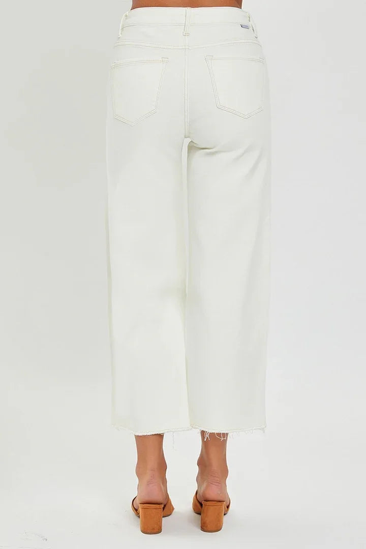 Back view of Risen Cream High Rise Crop Wide Leg Jeans, perfect for coastal boutique clothing and curated women's fashion.