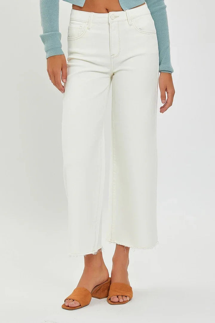 Risen Cream High Rise Crop Wide Leg Jeans for women, trendy denim from Port Aransas boutique, stylish women's bottoms.
