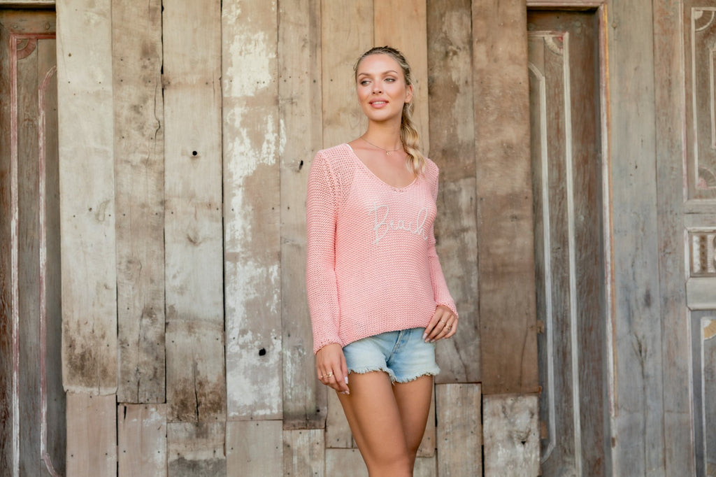 Wooden Ships BEACH Maui Sweater in Coral/Blush Champagne, perfect for coastal boutique clothing and tropical vacations.