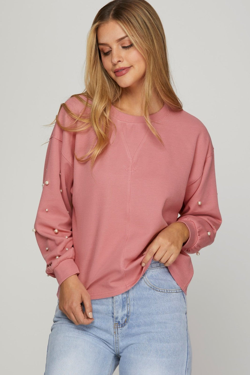 PINK LONG SLEEVE PEARLS ON SLEEVE TOP from coastal boutique clothing, perfect for tropical vacation dresses and curvy plus size fashion.