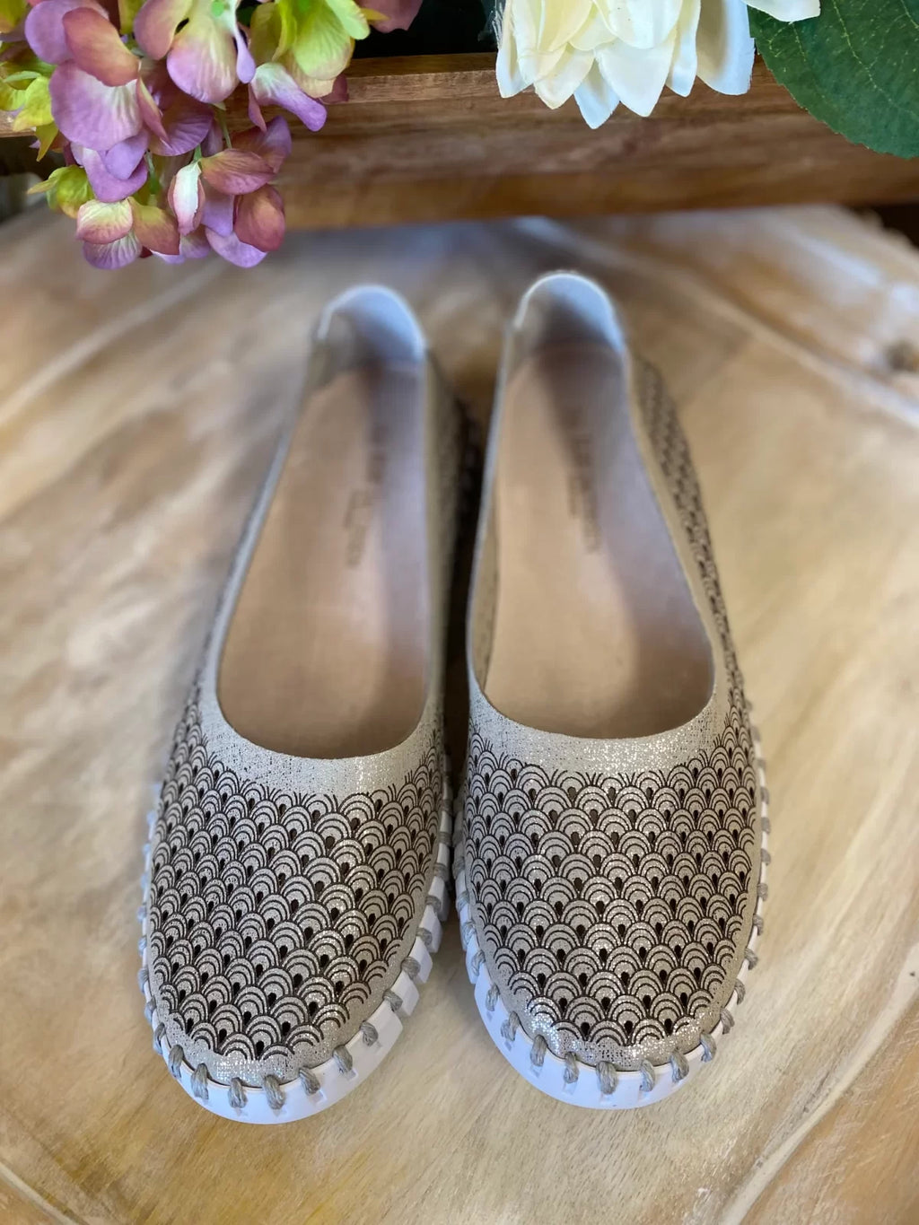 SILVER FLATS TULIPS by ILSE JACOBSEN U0026 displayed on a wooden surface with floral accents, a trendy coastal style footwear.