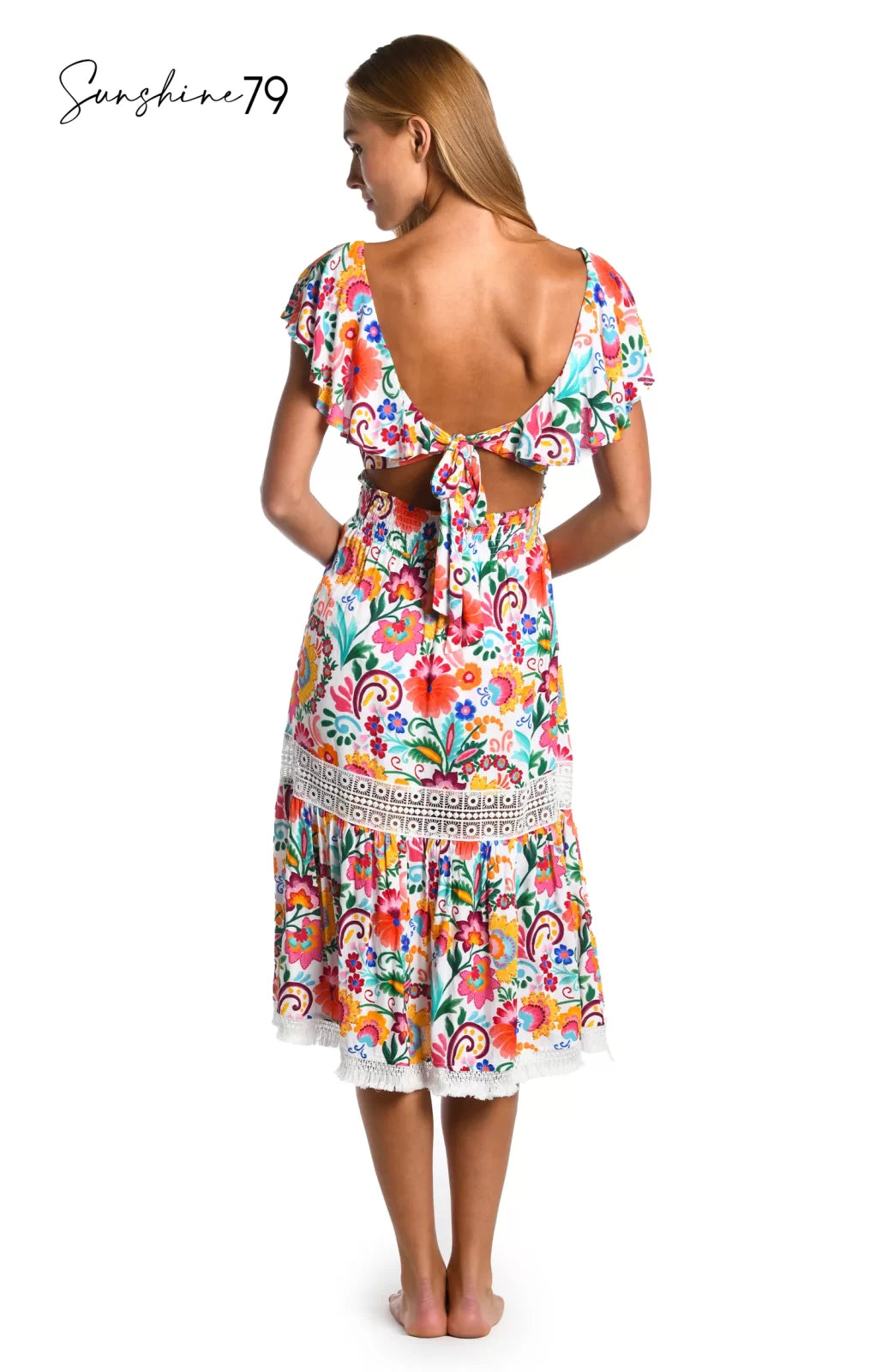 BONITA MIDI DRESS from Raggdoll Boutique, showcasing vibrant Spanish-inspired print and flounce sleeves, perfect for summer outfits Texas.