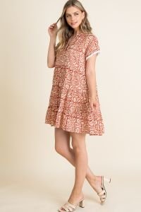 RUST PRINT TIERED DRESS-THML styled for trendy coastal fashion at Raggdoll Boutique, summer outfits Texas.