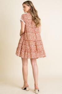 RUST PRINT TIERED DRESS-THML displayed from the back, perfect for summer outfits Texas at Raggdoll Boutique.