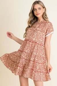 RUST PRINT TIERED DRESS-THML showcased in a model, perfect for trendy coastal style at Raggdoll Boutique.