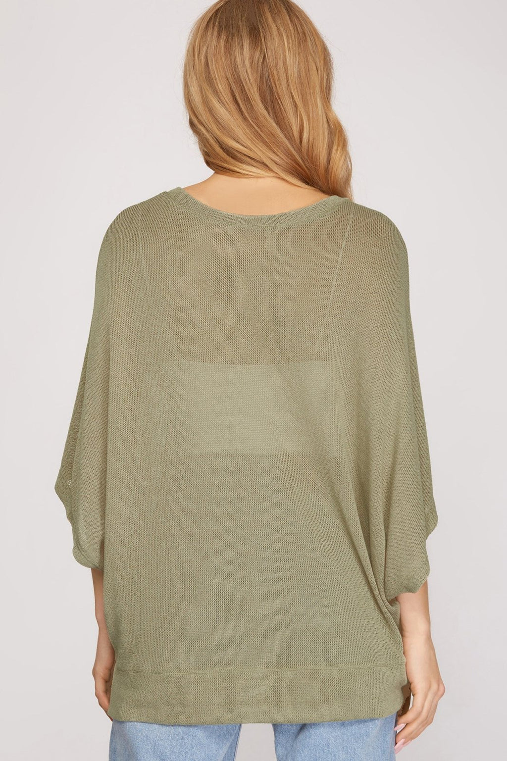 LIGHT WEIGHT LIGHT OLIVE SWEATER back view, perfect for trendy coastal style from Raggdoll Boutique.