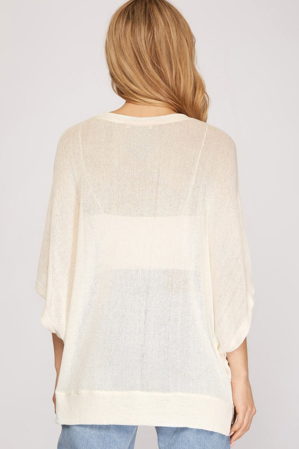 DROP SHOULDER LOW GAGE V NECK KNIT TOP shown from the back, perfect for summer outfits Texas at Raggdoll Boutique.