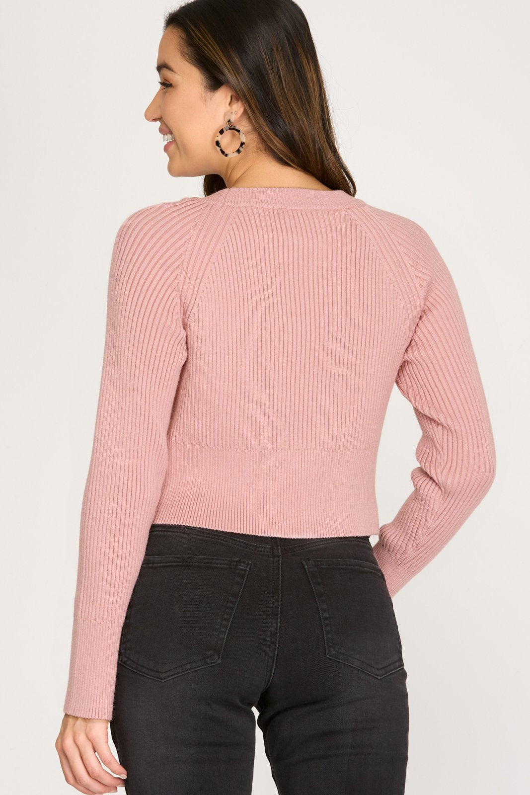 Rose long sleeve crop sweater, perfect for coastal boutique clothing and curvy fashion. Stylish addition to any wardrobe.