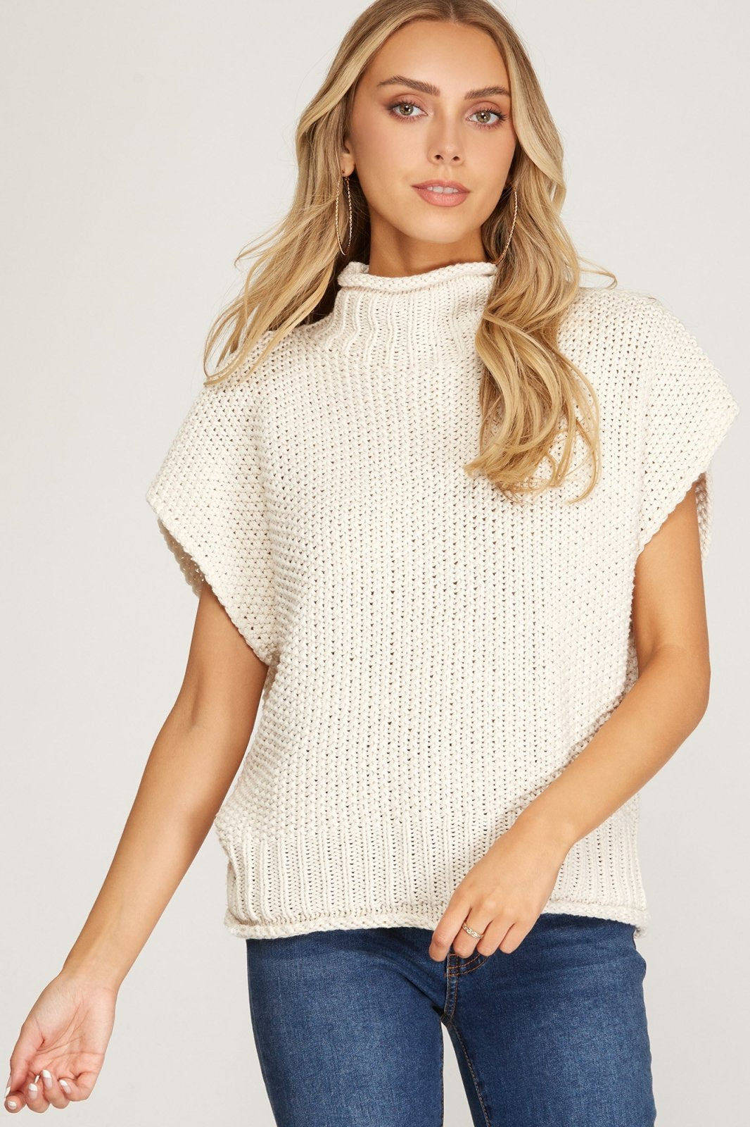 Cream Mock Knit Sweater Top from Raggdoll Boutique perfect for coastal fashion and summer outfits in Texas.