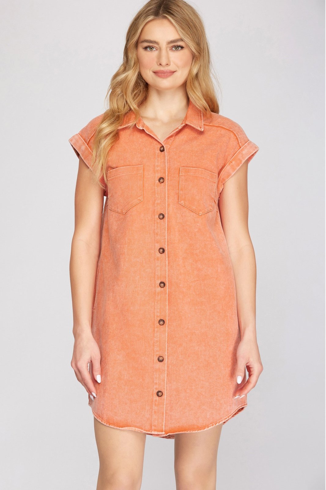 GEORGIA PEACH WASHED DENIM DRESS from Raggdoll Boutique in trendy coastal style for summer outfits Texas.