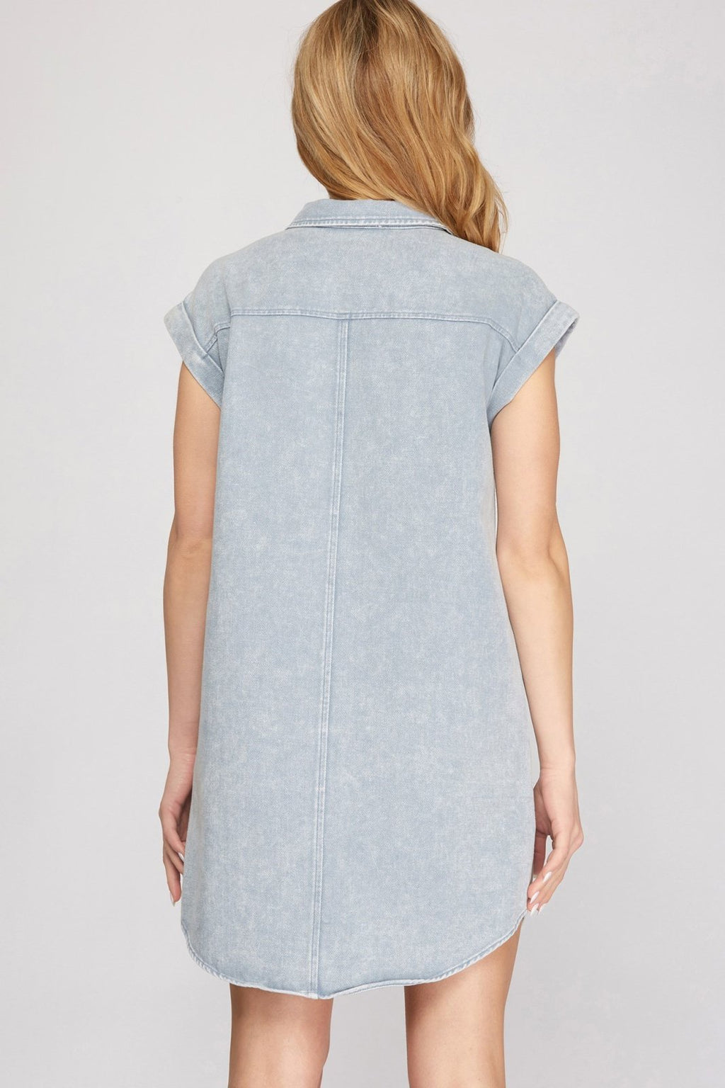Back view of the DENIM DAZE DRESS at Raggdoll Boutique, perfect for trendy coastal style and summer outfits Texas.