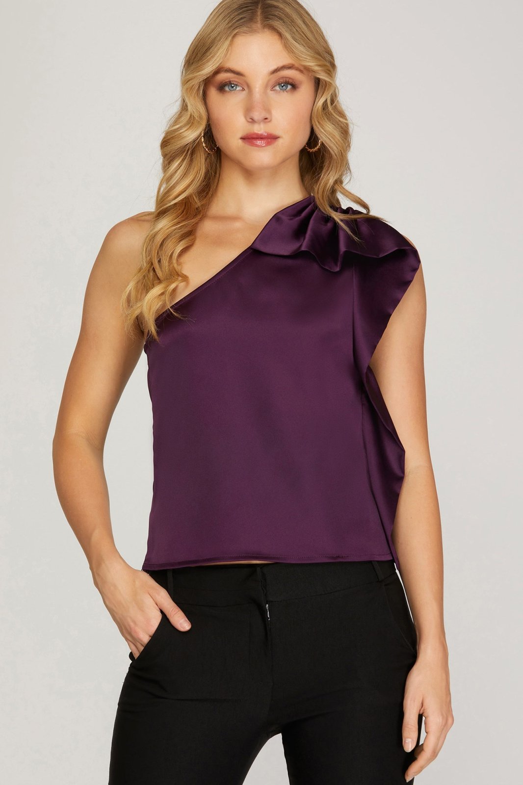 PLUM SATIN HALF SHOULDER TOP from Raggdoll Boutique, trendy coastal style for summer outfits in Port Aransas.
